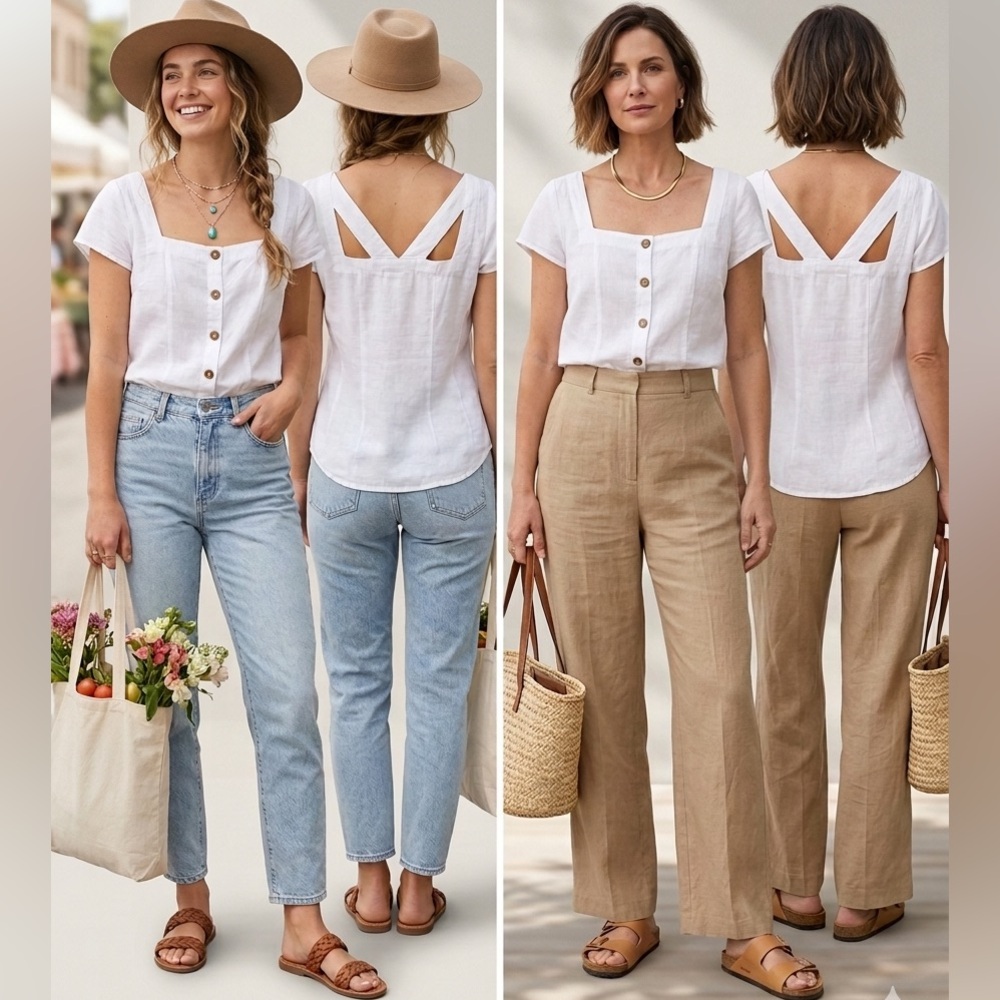 Maeve Anthropologie White Linen Blend Cutout Back Button Down Flutter Top Size 8